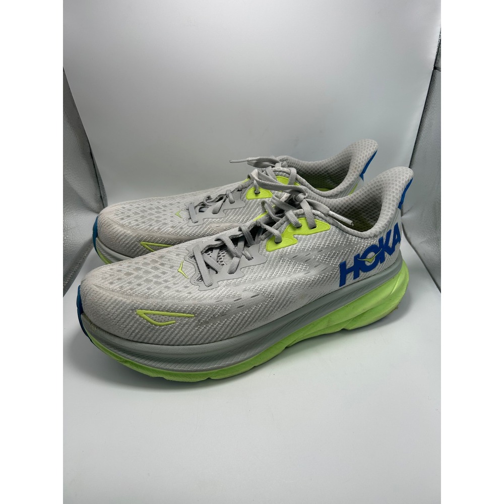 Hoka Clifton 9 Running Shoes Mens 9.5 Grey Lime Green Blue 1127895-ILLM